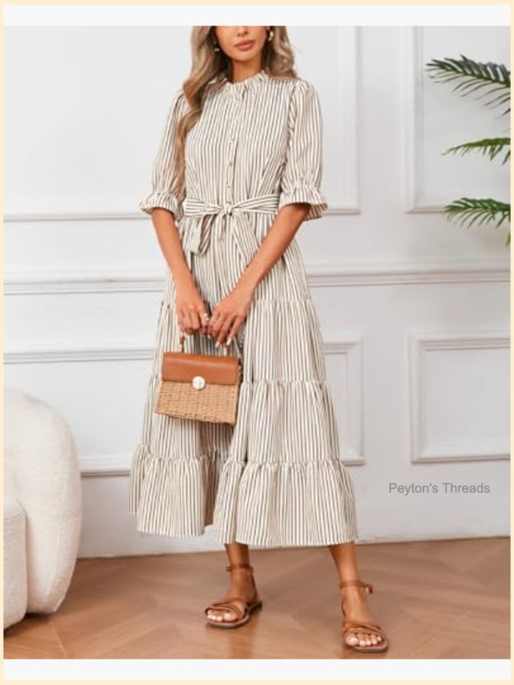 Striped Ruffle Collar Maxi Dress Half Sleeve Button Down Flowy Beach Vacation - Picture 2 of 7